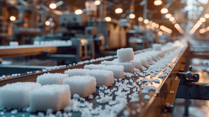 Sugar cubes move on a conveyor belt in a factory.