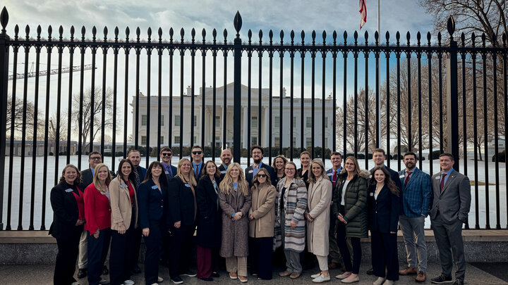Nebraska LEAD Class 44 stands in front of the White House on February 11, 2026, following a tour during the program’s National Study/Travel Seminar. The visit provided Fellows a firsthand look at the history and operations of the executive branch while exploring the broader role of leadership in public service.
