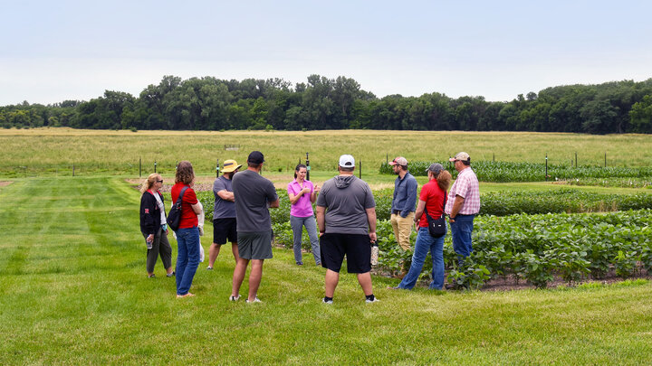 Meghan Sindelar, associate professor of practice in agronomy and horticulture, speaks to 2025 Summer Soybean Institute particpants at the Eastern Nebraska Research, Extension and Education Center. Photo: Abigayle Warm