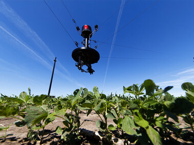 Spidercam hovering over field